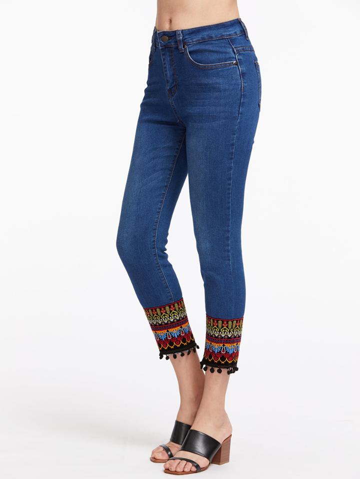 Shein Contrast Tribal Embroidery Pom Pom Trim Jeans