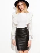 Shein Contrast Sleeve Ruffle Trim Ribbed Blouse