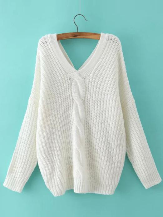 Shein White V Neck Buttons Cable Knit Sweater