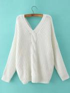 Shein White V Neck Buttons Cable Knit Sweater