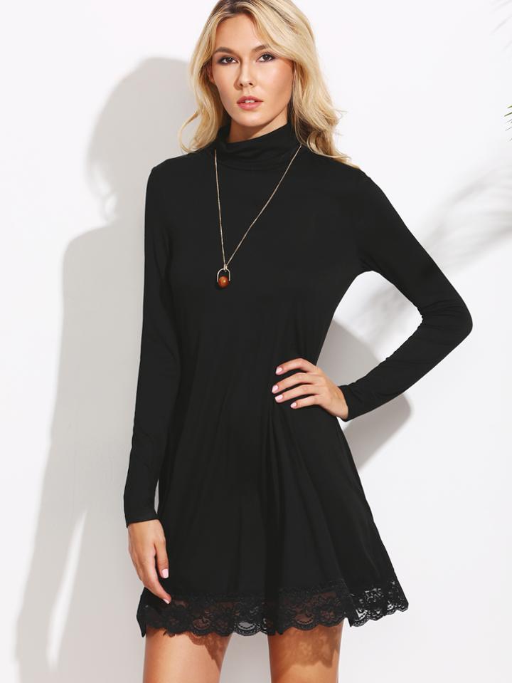 Shein Black Cowl Neck Lace Trim Shift Dress