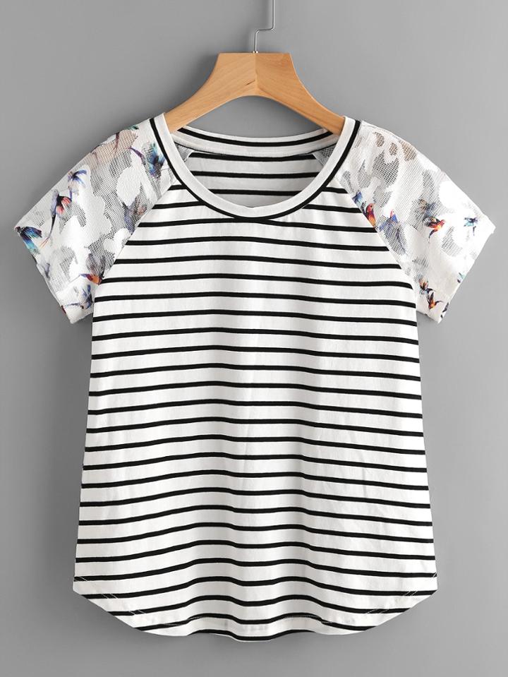 Shein Bird Print Mesh Raglan Sleeve Striped Tee