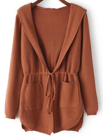 Shein Khaki Hooded Long Sleeve Pockets Cardigan