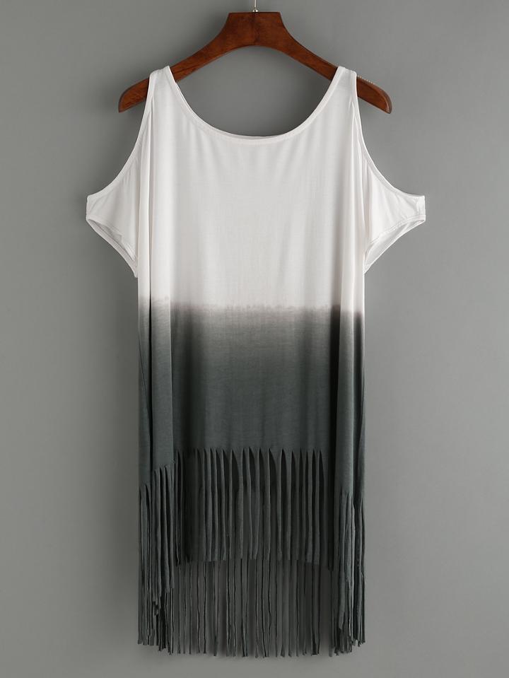 Shein Open Shoulder Grey Ombre Fringe T-shirt