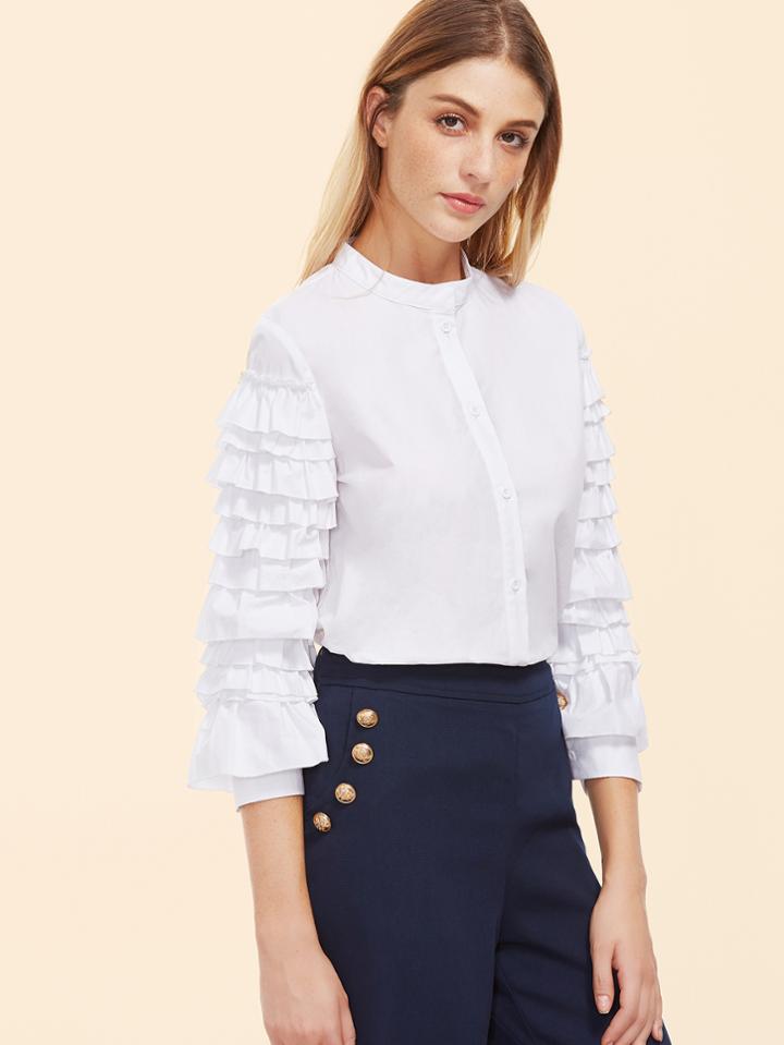 Shein White Band Collar Layered Ruffle Sleeve Blouse