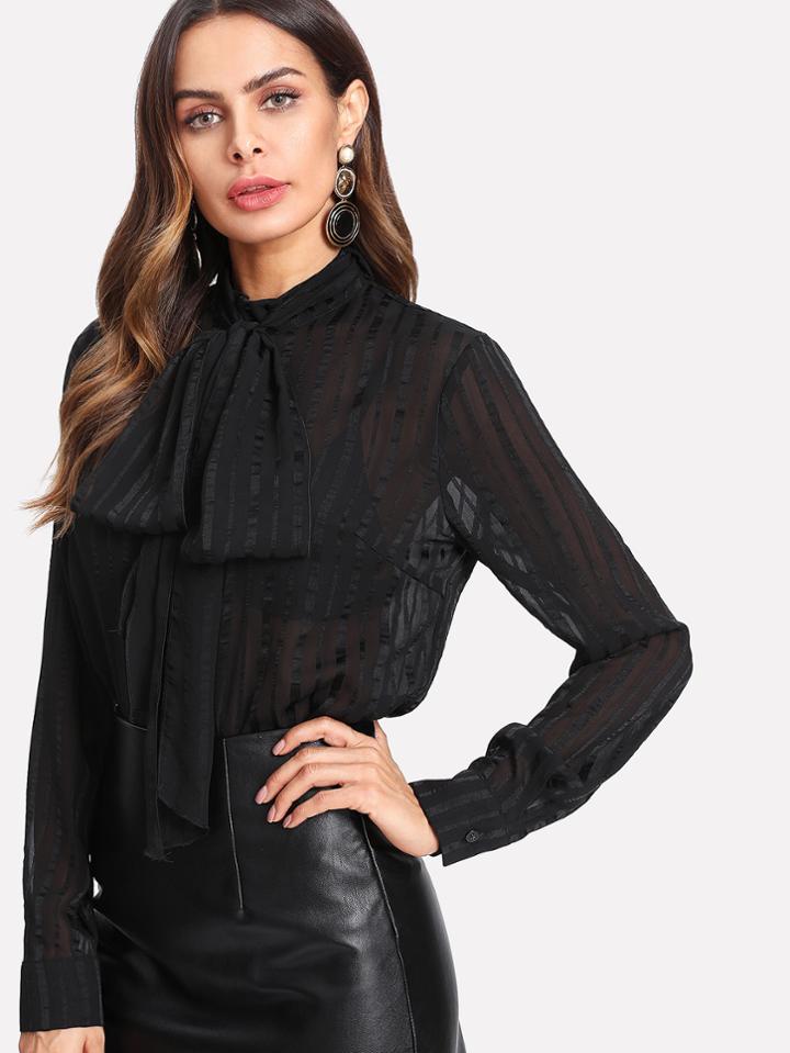 Shein Tie Neck Semi Sheer Striped Top