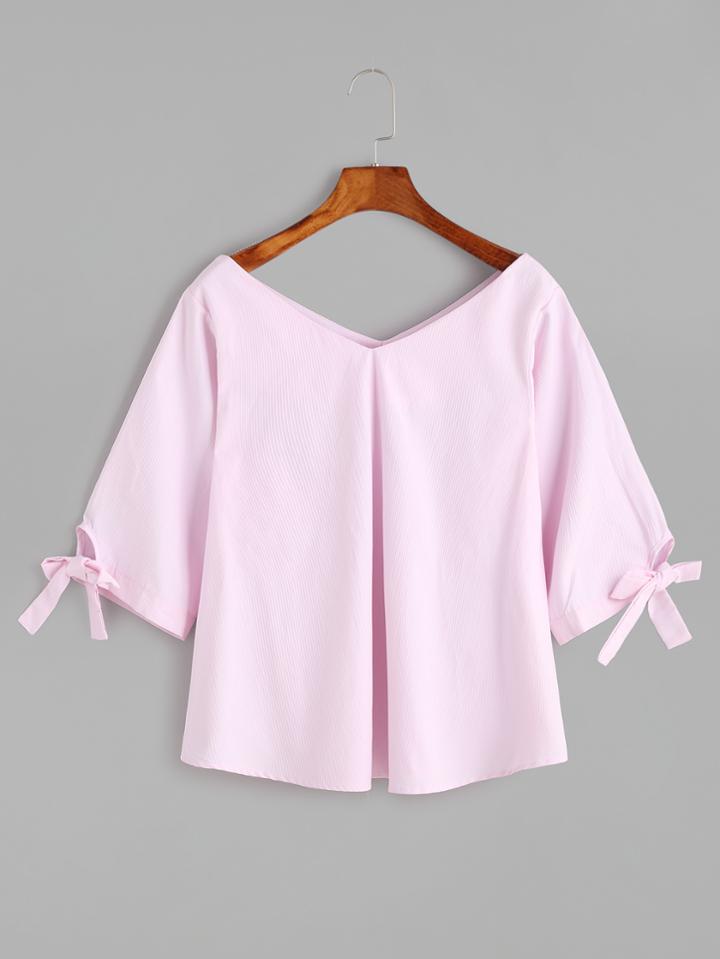 Shein Double V Neck Tie Elbow Sleeve Detail Blouse