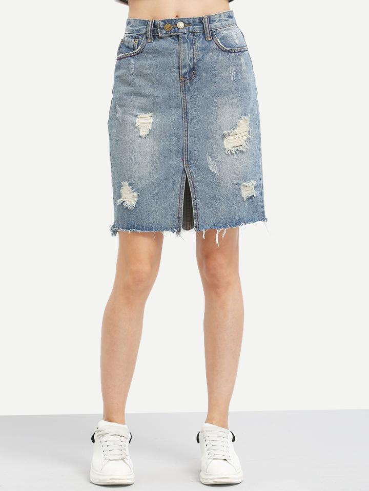 Shein Raw Hem Slit Front Denim Skirt