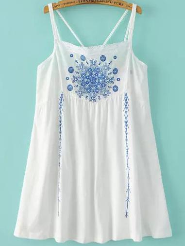 Shein White Criss Cross Back Embroidered Dress