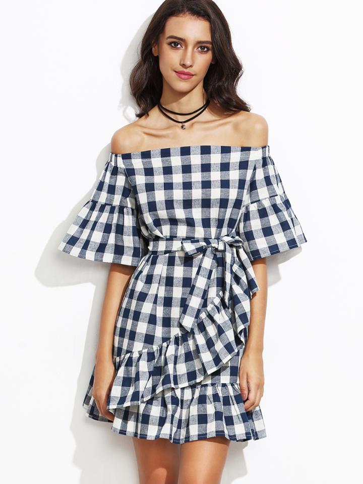 Shein Multicolor Plaid Off The Shoulder Tie Waist Dress