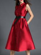 Shein Burgundy Lapel Belted A-line Dress