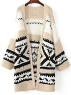 Shein Khaki Tribal Pattern Drop Shoulder Long Sweater Coat
