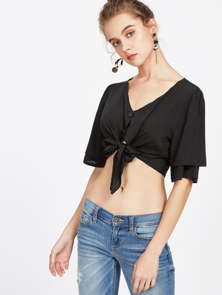 Shein Black V Neck Bow Tie Hem Crop Top