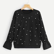 Shein Flounce Sleeve Pearl Beaded Sweatshirt