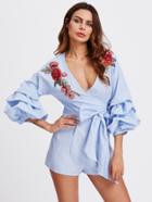 Shein Flower Applique Gathered Sleeve Surplice Wrap Romper