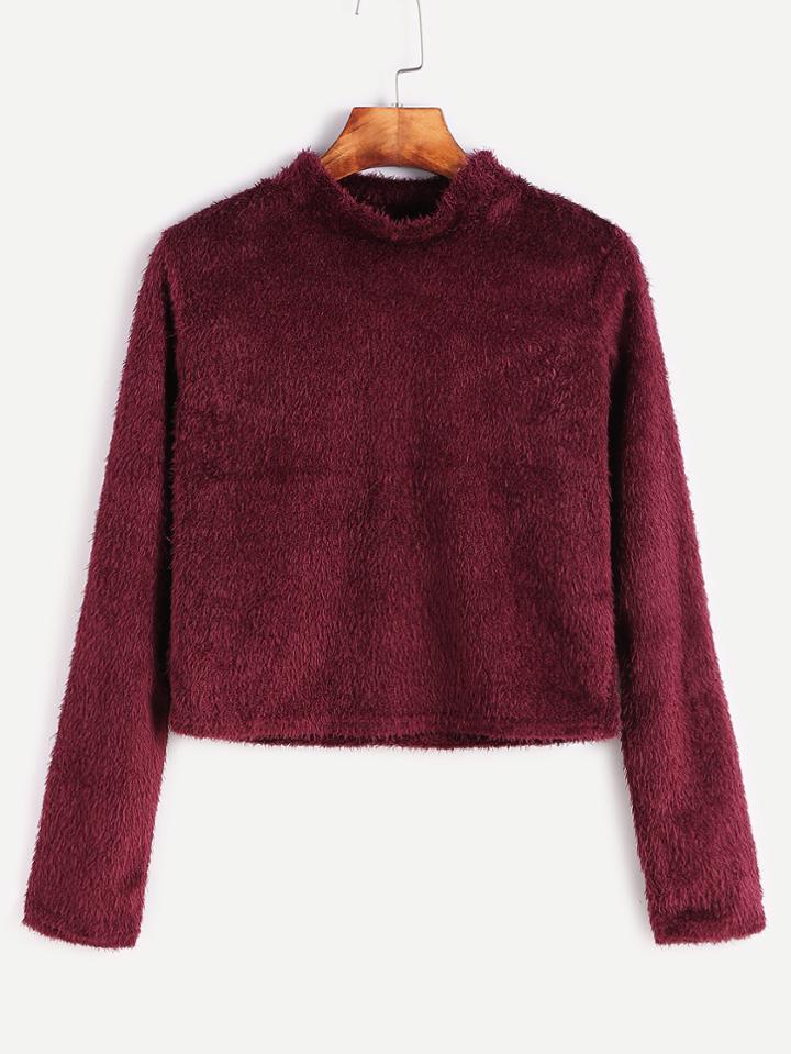 Shein Burgundy Mock Neck Shaggy T-shirt