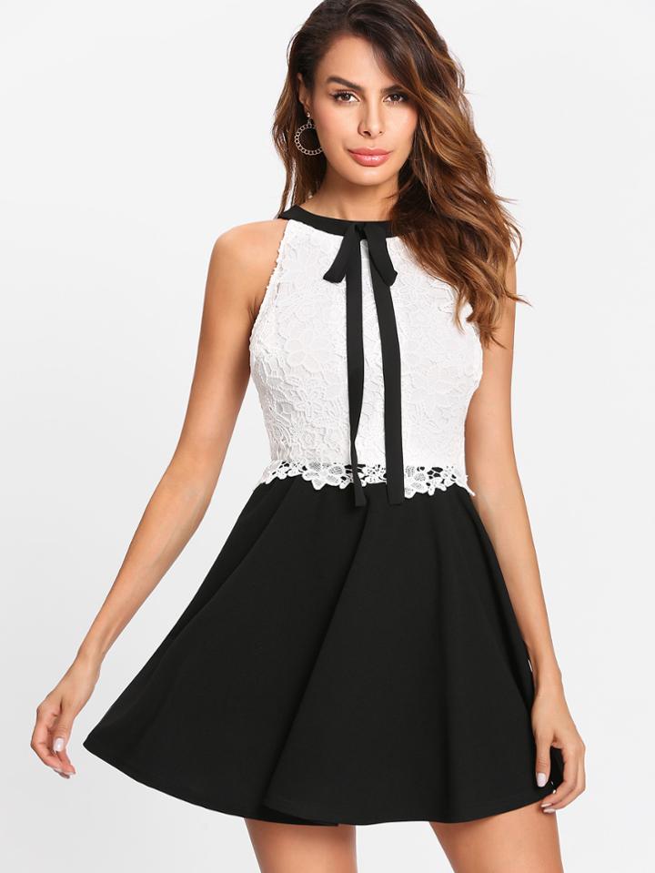 Shein Contrast Lace Tied Neck Fitted & Flared Dress