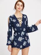 Shein Flower Print Split Flute Sleeve Lace Up Plunging Romper