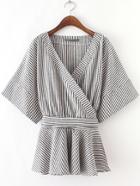 Shein Black And White Stripe Bow Wrapped Blouse