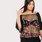 Shein Plus Trumpet Sleeve Embroidered Mesh Bardot Top