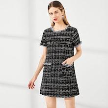 Shein Frayed Edge Button Detail Tweed Dress