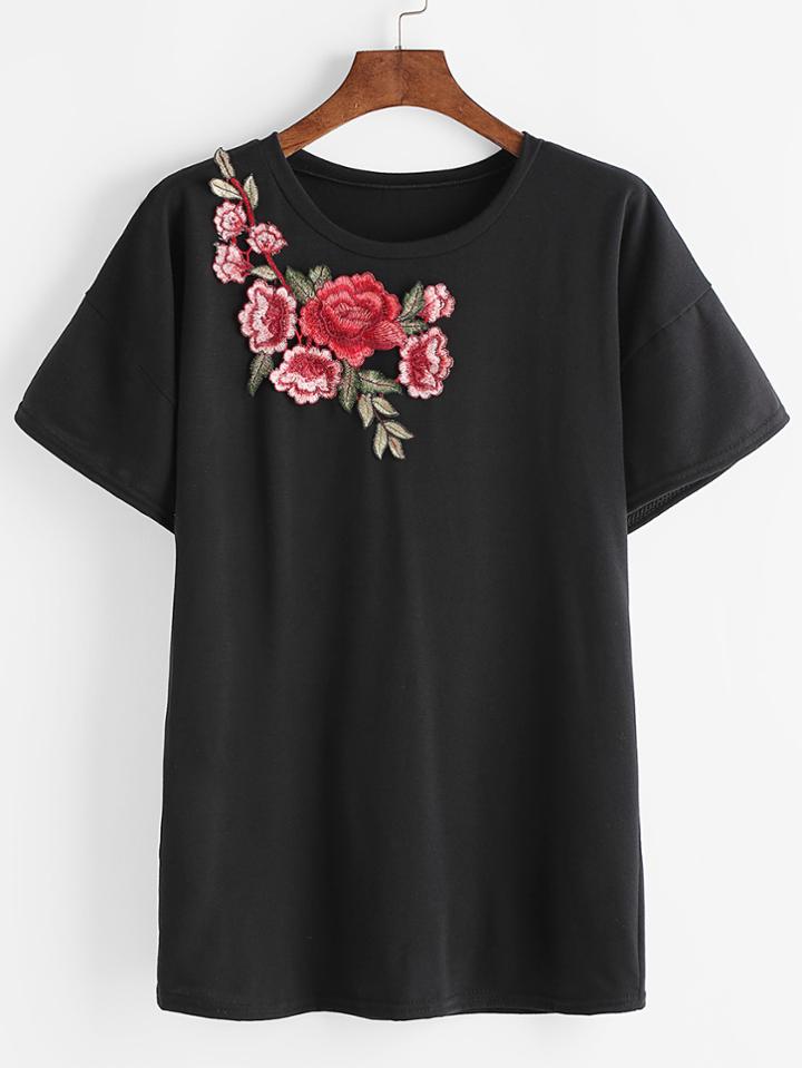 Shein Black Drop Shoulder Applique T-shirt