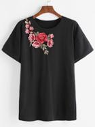 Shein Black Drop Shoulder Applique T-shirt
