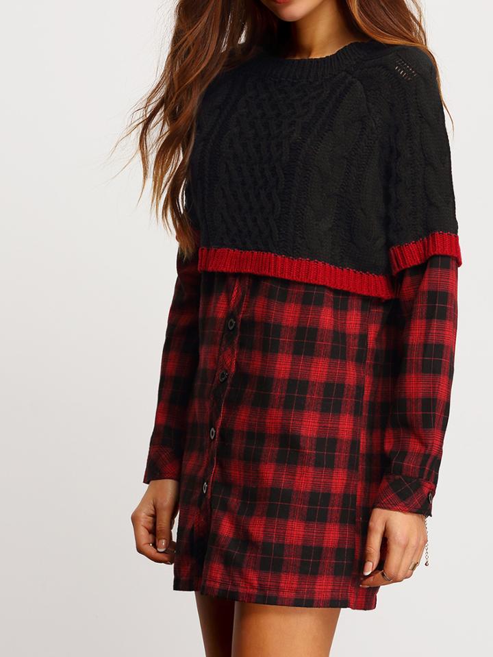 Shein Black White Plaid Buttons Sweater Dress