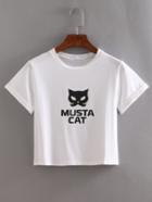 Shein Cat Print Rolled Sleeve Crop T-shirt - White