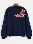 Shein Embroidered Rose Applique Fluffy Sweatshirt