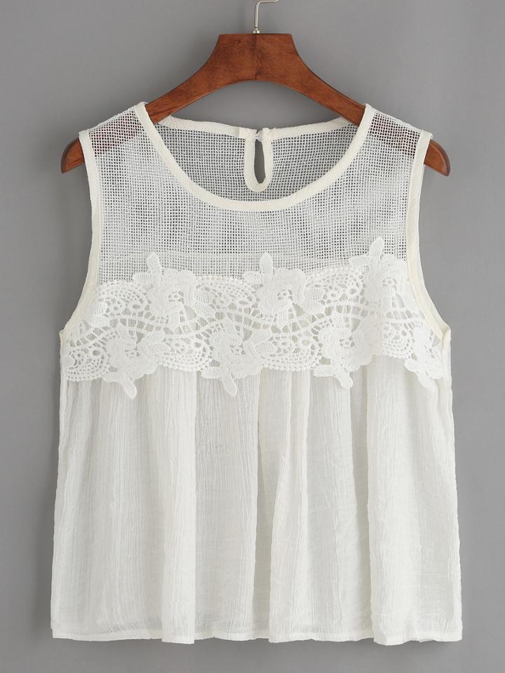 Shein White Mesh Neck Crochet Applique Tank Top