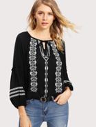 Shein Geo Embroidered Frill Trim Blouse