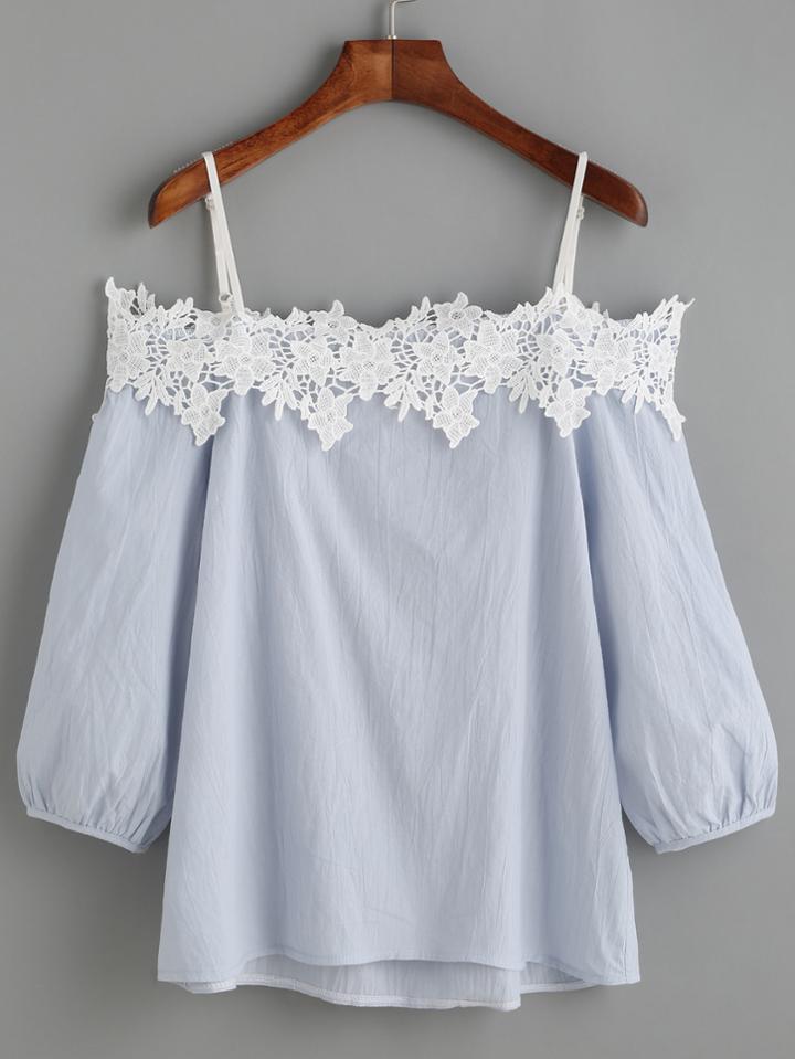 Shein Light Blue Cold Shoulder Appliques Lantern Sleeve Blouse