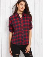 Shein Red Plaid Roll Tab Sleeve Shirt