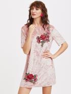 Shein Pink Embroidered Rose Patch Velvet Dress