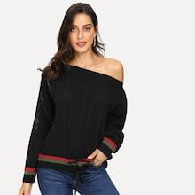 Shein Lace Up Front Striped Trim Sweater
