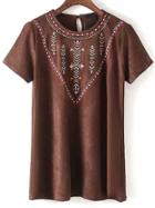 Shein Brown Short Sleeve Embroidered Suede Dress