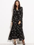 Shein Black Floral Print Elastic Hem Maxi Chiffon Dress