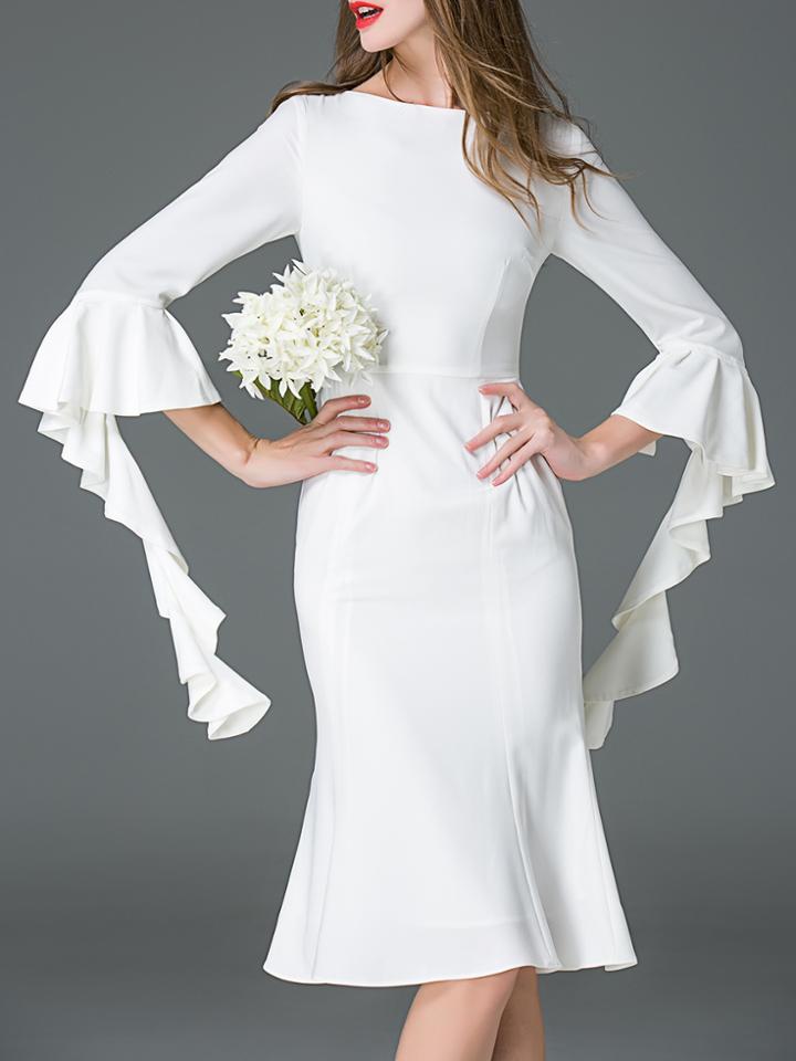 Shein White Boat Neck Ruffle Sleeve Frill Dress