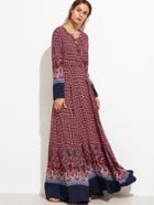 Shein Burgundy Ornate Print Lace Front Contrast Trim Maxi Dress