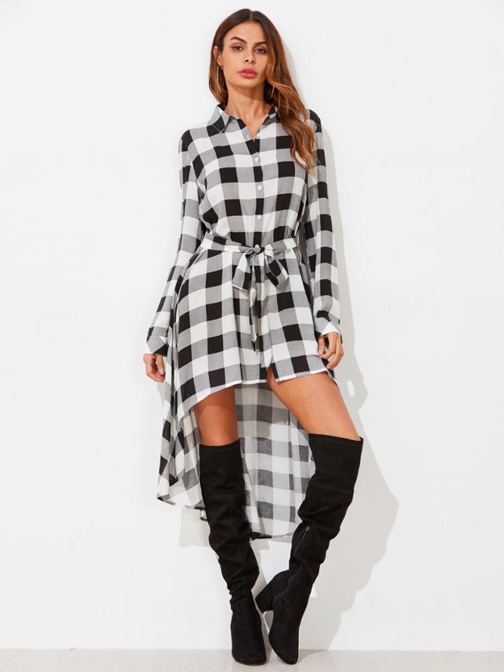 Shein Tie Waist High Low Longline Check Blouse