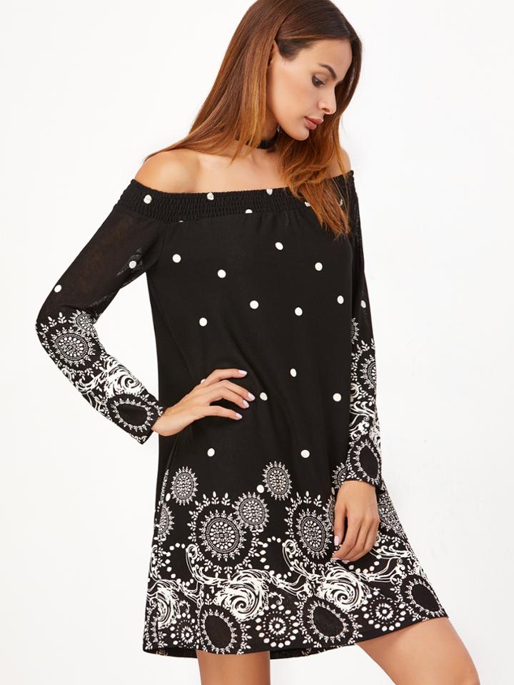 Shein Black Vintage Circle Print Off The Shoulder Dress