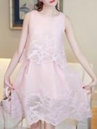 Shein Pink Gauze Embroidered Scallop Dress