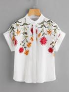 Shein Floral Embroidered Roll-up Cuff Blouse
