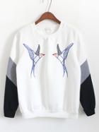 Shein White Round Neck Bird Embroidered Sweatshirt