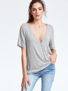 Shein Heather Grey Plunge Neck Surplice Tee