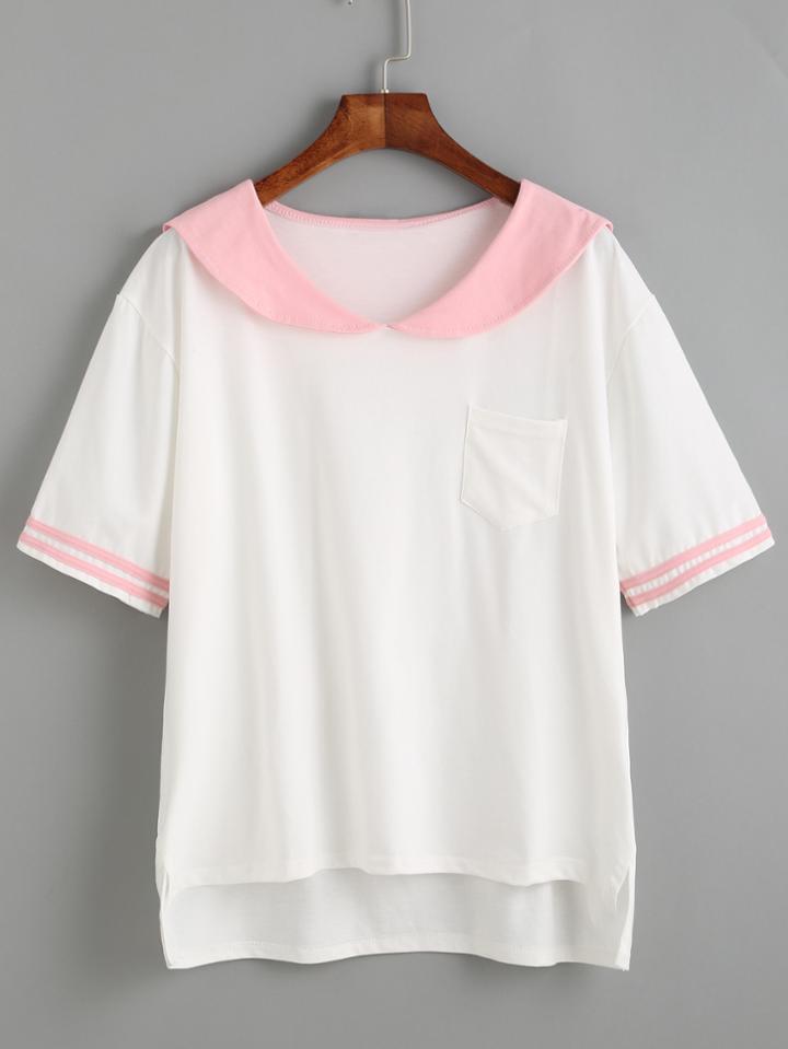 Shein White Contrast Sailor Collar High Low T-shirt