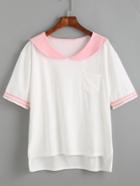 Shein White Contrast Sailor Collar High Low T-shirt