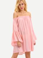 Shein Ruffled Off-the-shoulder Bell Sleeve Dress - Pink