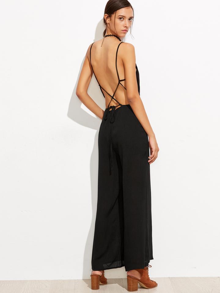 Shein Black V Back Criss Cross Jumpsuit